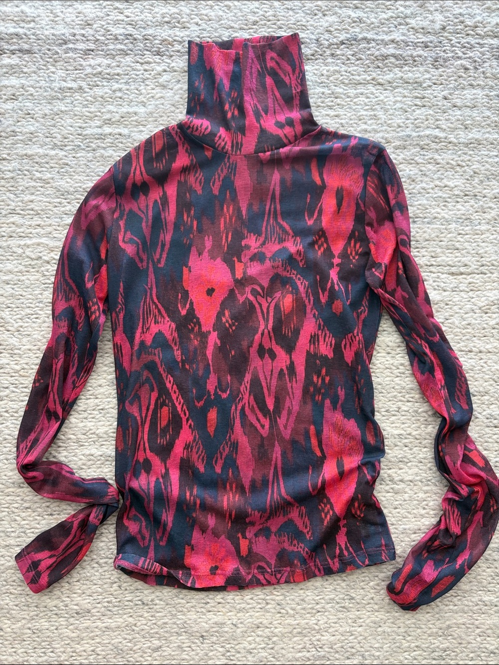 Topshop Red and Black Patterned Mesh-Like Turtleneck Long Sleeve Top